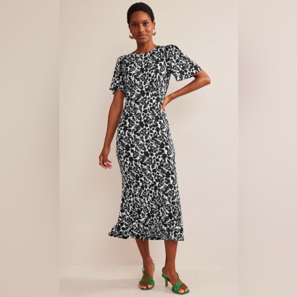 NWT Boden Black White Floral Flippy Jersey Knit Midi Long Dress Size US 2